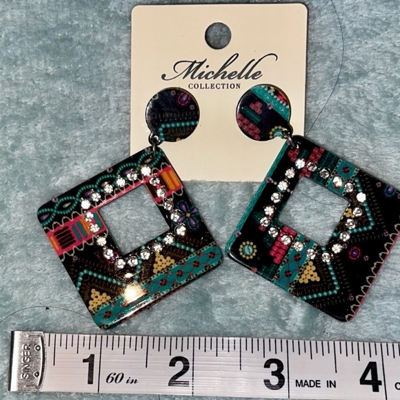 Bold Retro Dangle Earrings Michelle Collection Colorful Rhinestone NWT - Picture 4 of 5